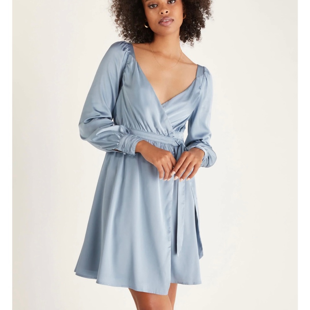 Backyard Roses Size XS Blue Silk Wrap Dress